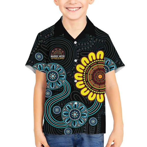 NAIDOC 50 Years of Deadly Family Matching Long Sleeve Bodycon Dress and Hawaiian Shirt Sun Aboriginal Dot Art