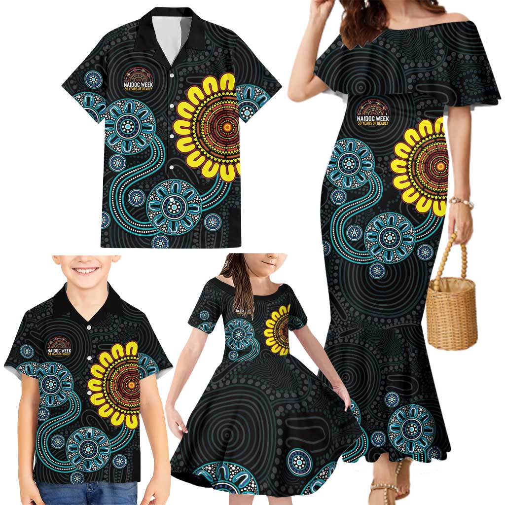 NAIDOC 50 Years of Deadly Family Matching Mermaid Dress and Hawaiian Shirt Sun Aboriginal Dot Art