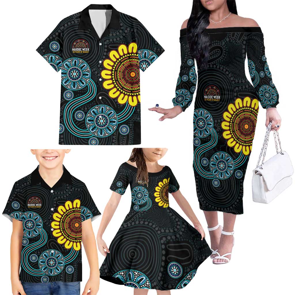 NAIDOC 50 Years of Deadly Family Matching Off The Shoulder Long Sleeve Dress and Hawaiian Shirt Sun Aboriginal Dot Art