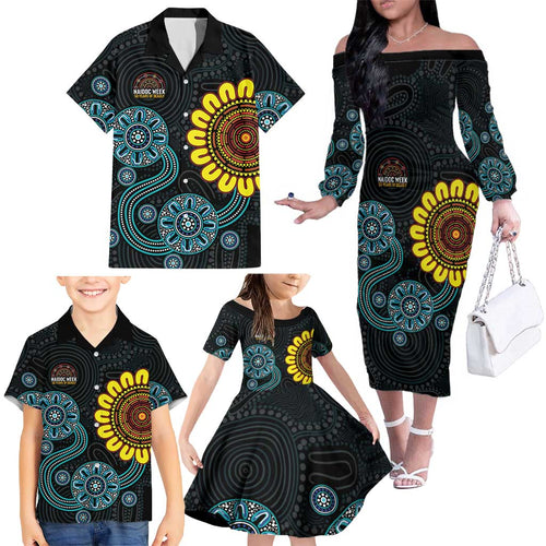 NAIDOC 50 Years of Deadly Family Matching Off The Shoulder Long Sleeve Dress and Hawaiian Shirt Sun Aboriginal Dot Art