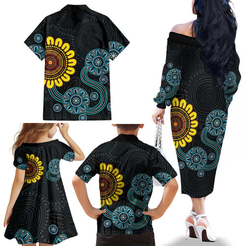 NAIDOC 50 Years of Deadly Family Matching Off The Shoulder Long Sleeve Dress and Hawaiian Shirt Sun Aboriginal Dot Art
