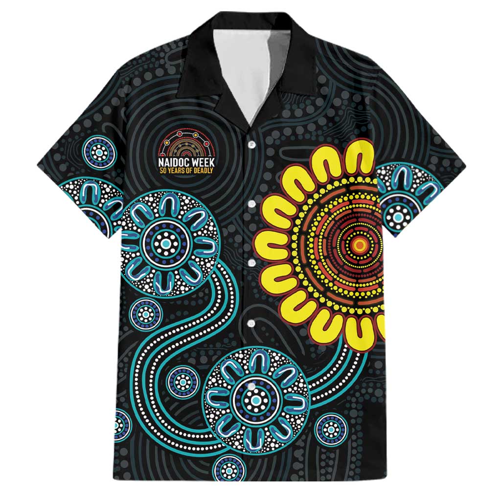 NAIDOC 50 Years of Deadly Family Matching Off The Shoulder Long Sleeve Dress and Hawaiian Shirt Sun Aboriginal Dot Art