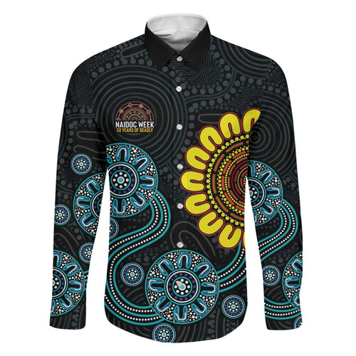 NAIDOC 50 Years of Deadly Family Matching Off The Shoulder Long Sleeve Dress and Hawaiian Shirt Sun Aboriginal Dot Art