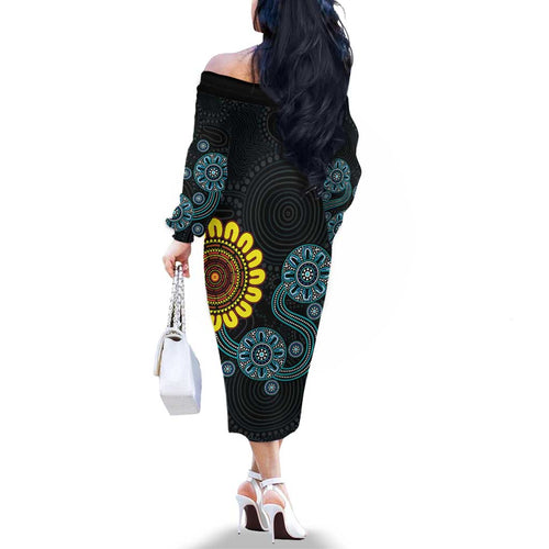 NAIDOC 50 Years of Deadly Family Matching Off The Shoulder Long Sleeve Dress and Hawaiian Shirt Sun Aboriginal Dot Art