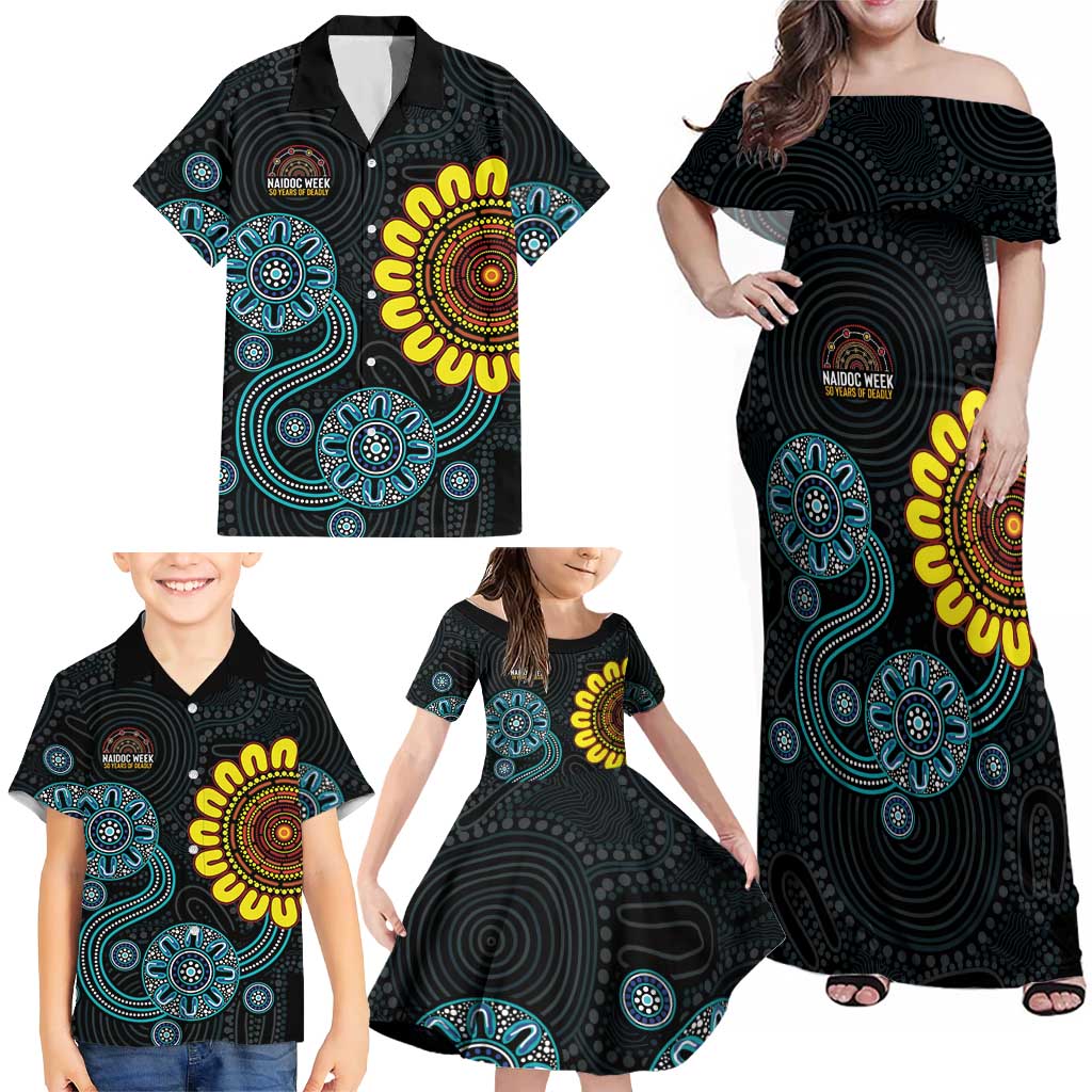 NAIDOC 50 Years of Deadly Family Matching Off Shoulder Maxi Dress and Hawaiian Shirt Sun Aboriginal Dot Art