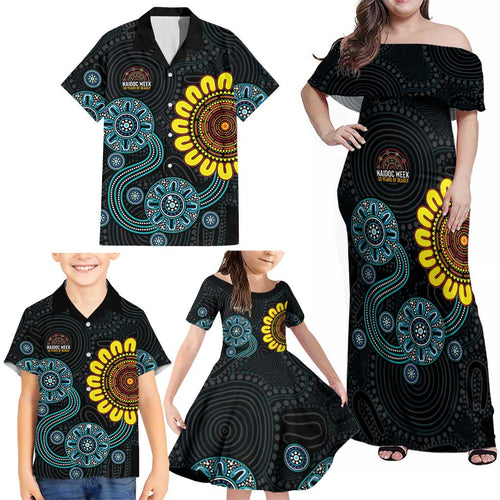 NAIDOC 50 Years of Deadly Family Matching Off Shoulder Maxi Dress and Hawaiian Shirt Sun Aboriginal Dot Art