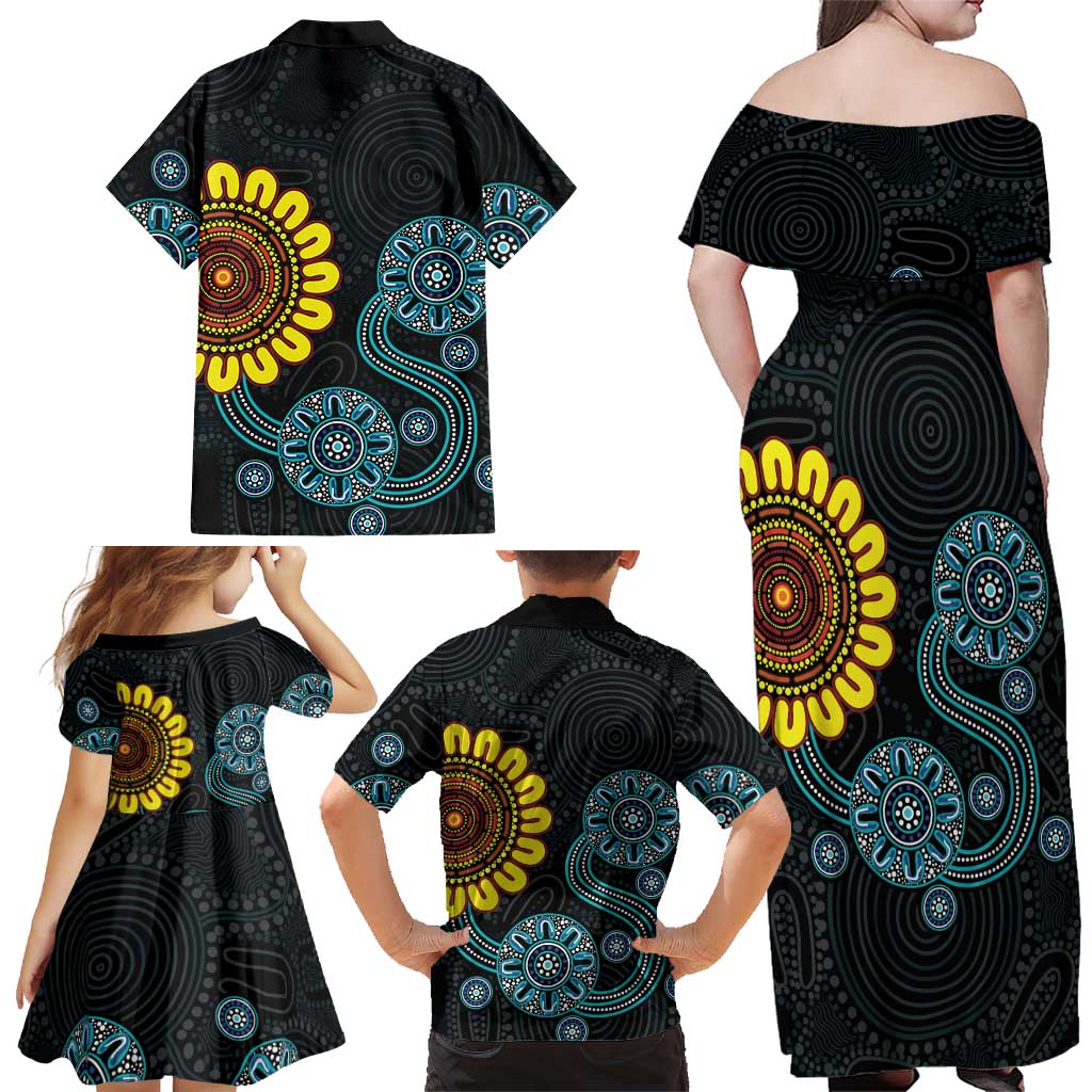 NAIDOC 50 Years of Deadly Family Matching Off Shoulder Maxi Dress and Hawaiian Shirt Sun Aboriginal Dot Art