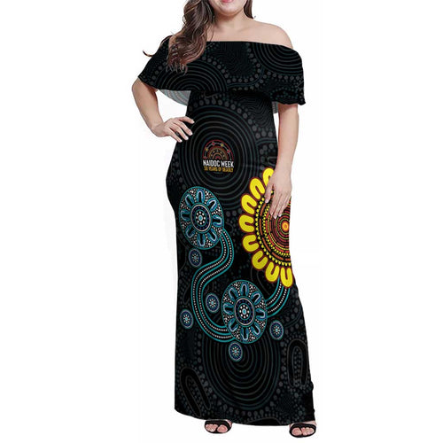 NAIDOC 50 Years of Deadly Family Matching Off Shoulder Maxi Dress and Hawaiian Shirt Sun Aboriginal Dot Art