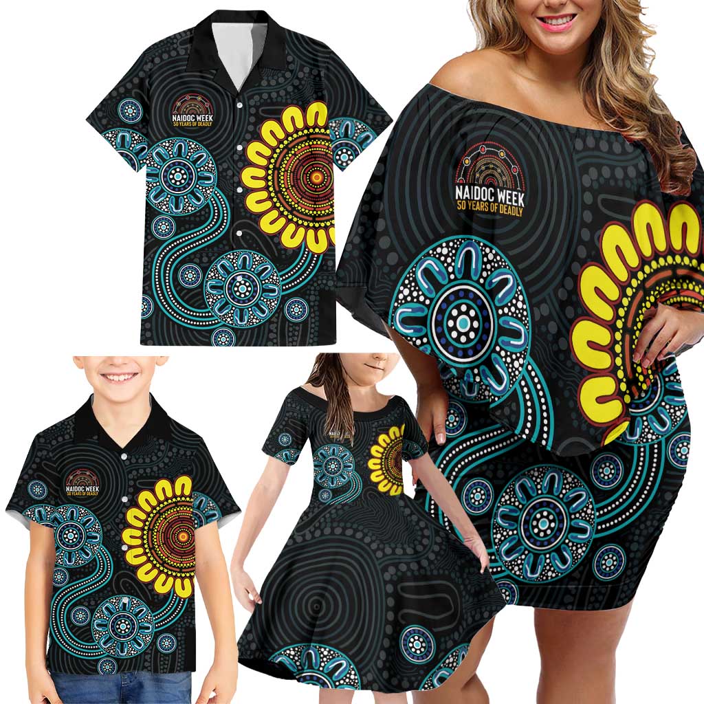 NAIDOC 50 Years of Deadly Family Matching Off Shoulder Short Dress and Hawaiian Shirt Sun Aboriginal Dot Art