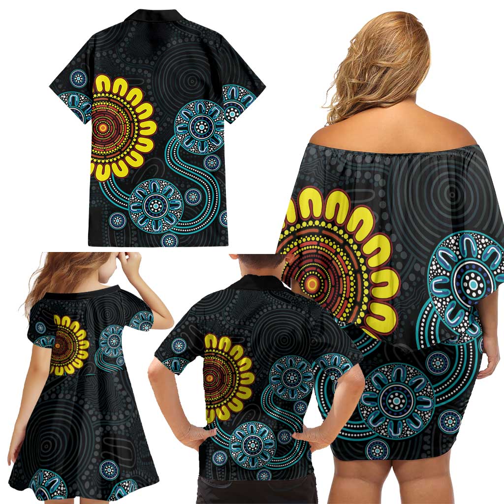 NAIDOC 50 Years of Deadly Family Matching Off Shoulder Short Dress and Hawaiian Shirt Sun Aboriginal Dot Art