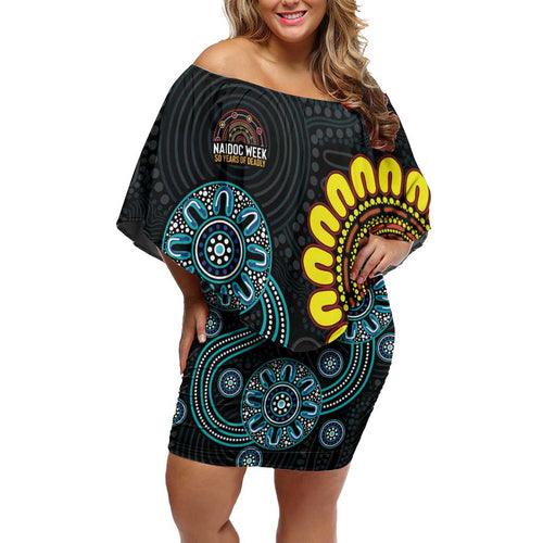 NAIDOC 50 Years of Deadly Family Matching Off Shoulder Short Dress and Hawaiian Shirt Sun Aboriginal Dot Art