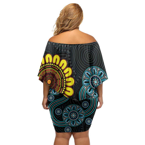 NAIDOC 50 Years of Deadly Family Matching Off Shoulder Short Dress and Hawaiian Shirt Sun Aboriginal Dot Art