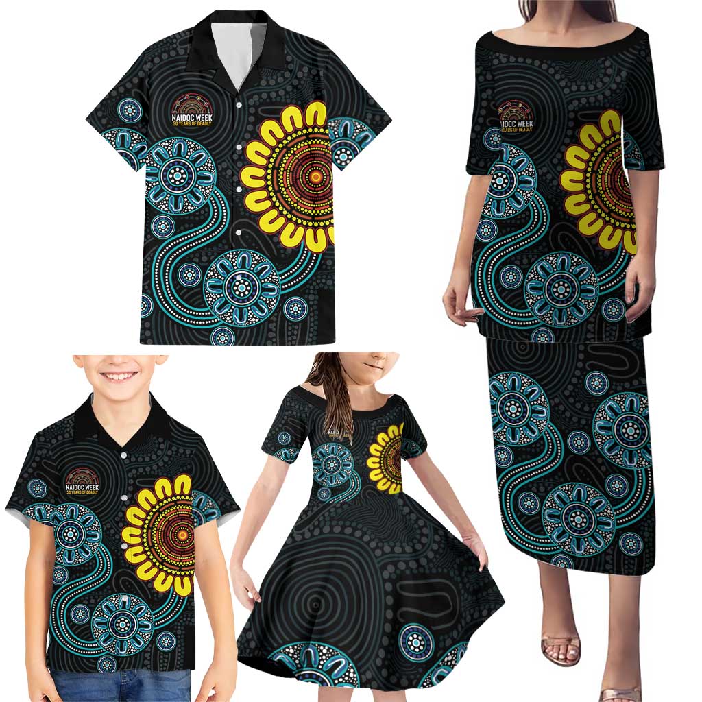 NAIDOC 50 Years of Deadly Family Matching Puletasi and Hawaiian Shirt Sun Aboriginal Dot Art