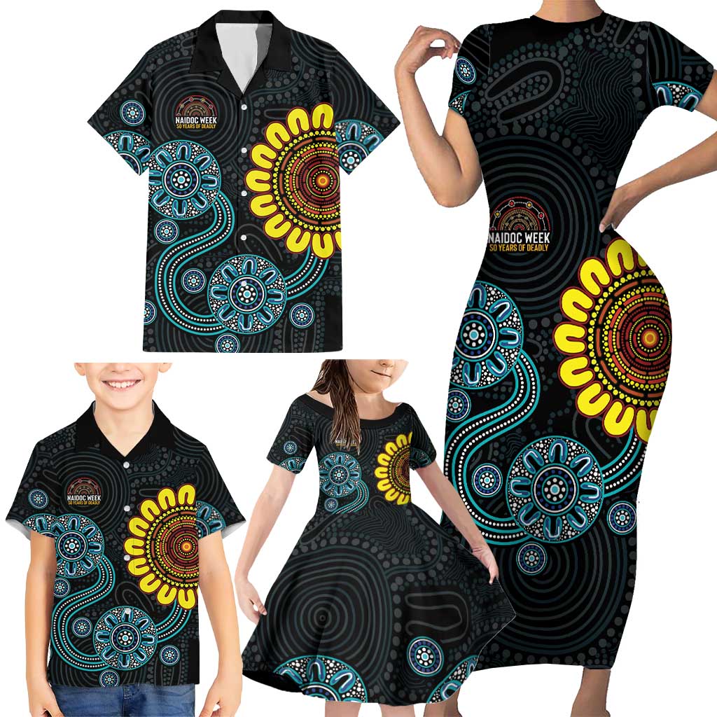 NAIDOC 50 Years of Deadly Family Matching Short Sleeve Bodycon Dress and Hawaiian Shirt Sun Aboriginal Dot Art