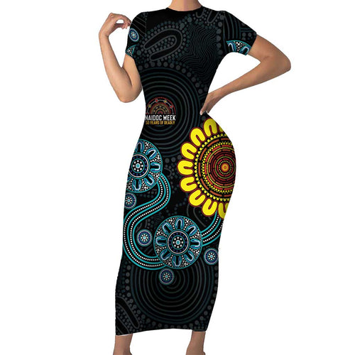 NAIDOC 50 Years of Deadly Family Matching Short Sleeve Bodycon Dress and Hawaiian Shirt Sun Aboriginal Dot Art