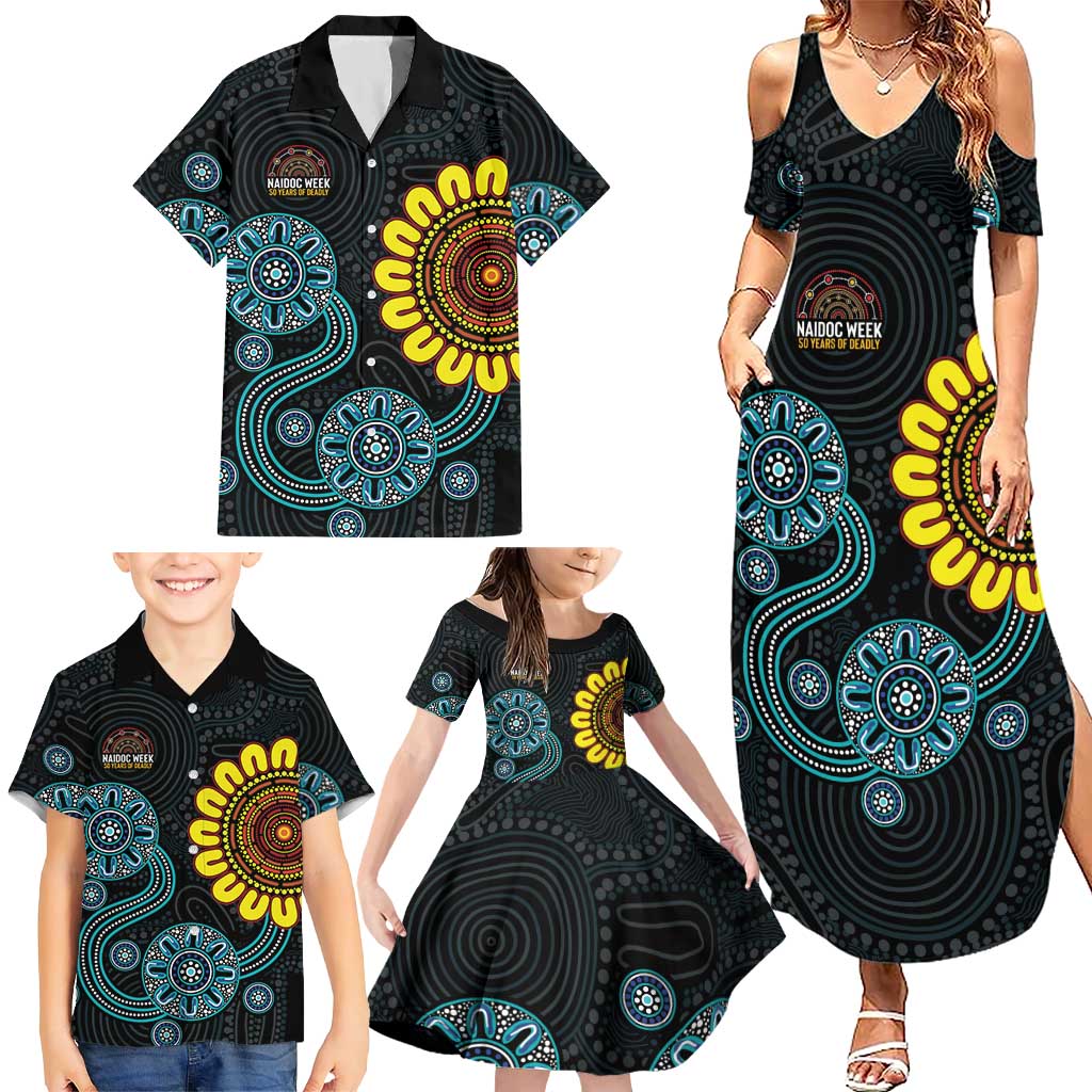 NAIDOC 50 Years of Deadly Family Matching Summer Maxi Dress and Hawaiian Shirt Sun Aboriginal Dot Art