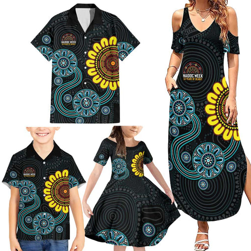 NAIDOC 50 Years of Deadly Family Matching Summer Maxi Dress and Hawaiian Shirt Sun Aboriginal Dot Art