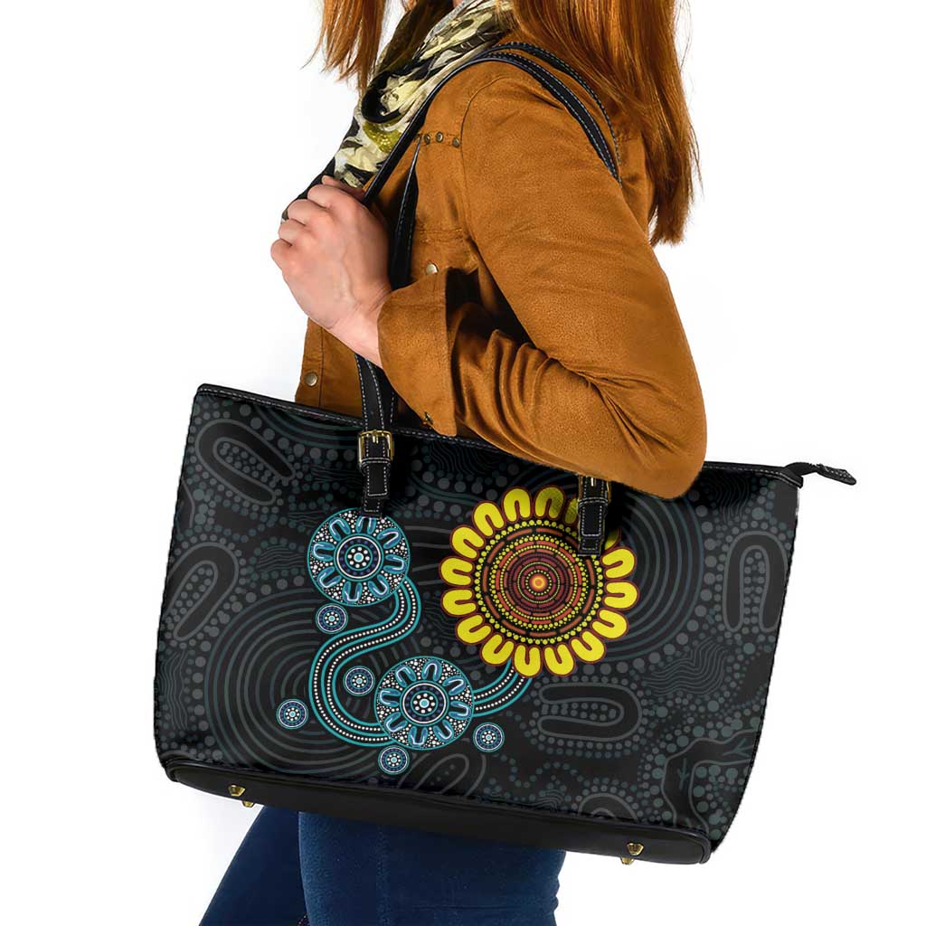 NAIDOC 50 Years of Deadly Leather Tote Bag Sun Aboriginal Dot Art