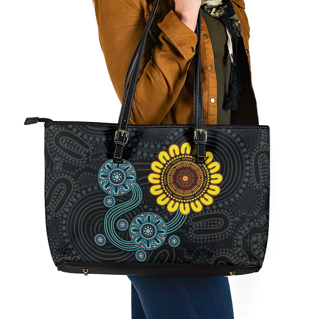 NAIDOC 50 Years of Deadly Leather Tote Bag Sun Aboriginal Dot Art
