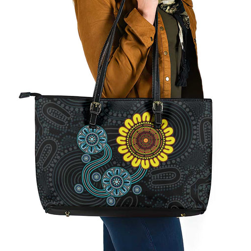 NAIDOC 50 Years of Deadly Leather Tote Bag Sun Aboriginal Dot Art