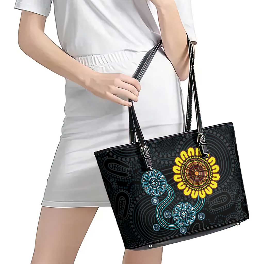 NAIDOC 50 Years of Deadly Leather Tote Bag Sun Aboriginal Dot Art