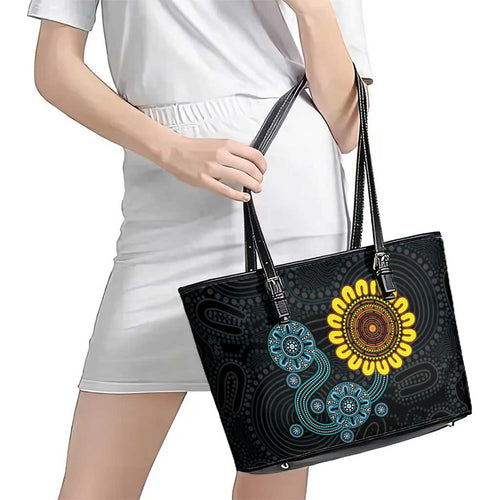 NAIDOC 50 Years of Deadly Leather Tote Bag Sun Aboriginal Dot Art