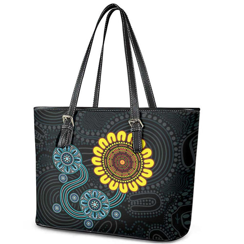 NAIDOC 50 Years of Deadly Leather Tote Bag Sun Aboriginal Dot Art