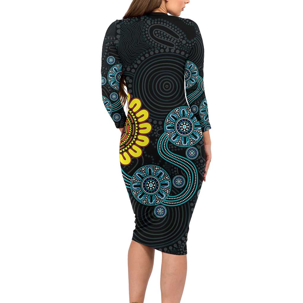 NAIDOC 50 Years of Deadly Long Sleeve Bodycon Dress Sun Aboriginal Dot Art