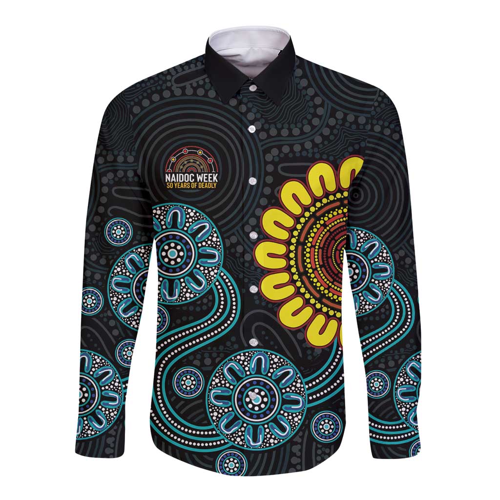 NAIDOC 50 Years of Deadly Long Sleeve Button Shirt Sun Aboriginal Dot Art