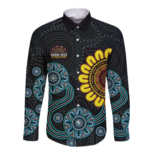 NAIDOC 50 Years of Deadly Long Sleeve Button Shirt Sun Aboriginal Dot Art