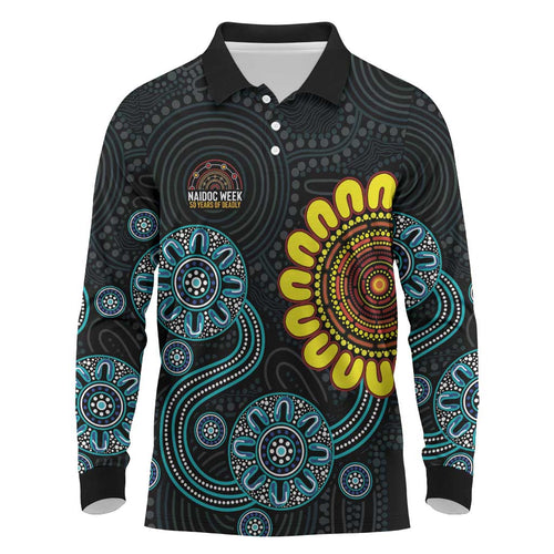 NAIDOC 50 Years of Deadly Long Sleeve Polo Shirt Sun Aboriginal Dot Art