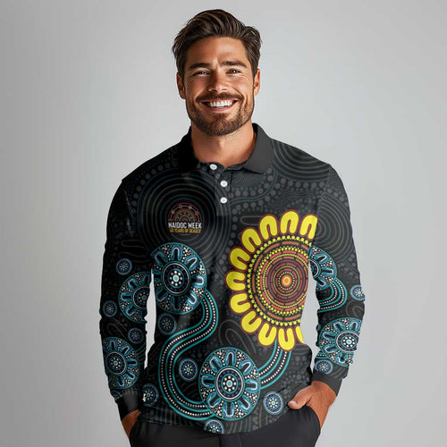 NAIDOC 50 Years of Deadly Long Sleeve Polo Shirt Sun Aboriginal Dot Art