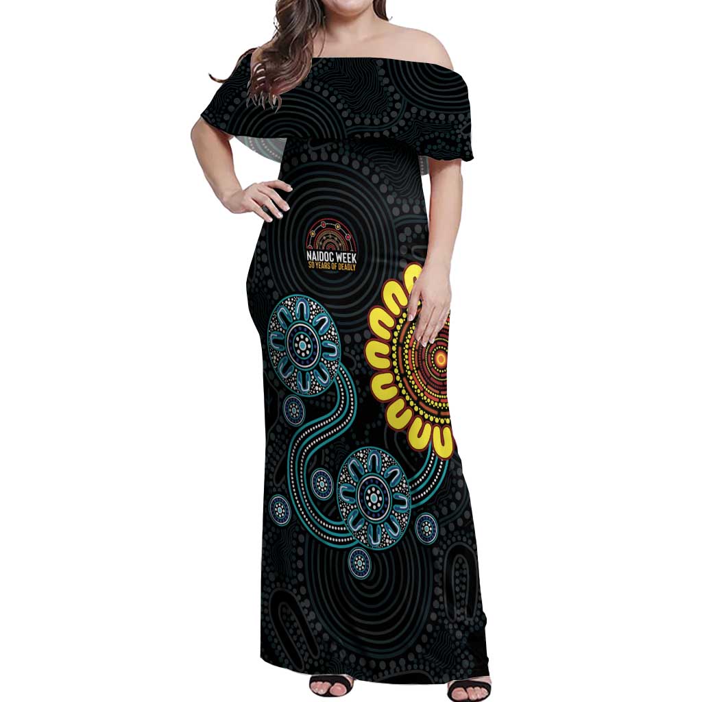 NAIDOC 50 Years of Deadly Off Shoulder Maxi Dress Sun Aboriginal Dot Art