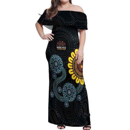 NAIDOC 50 Years of Deadly Off Shoulder Maxi Dress Sun Aboriginal Dot Art