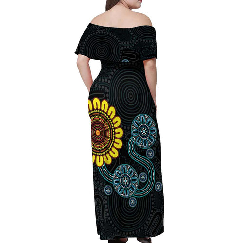NAIDOC 50 Years of Deadly Off Shoulder Maxi Dress Sun Aboriginal Dot Art
