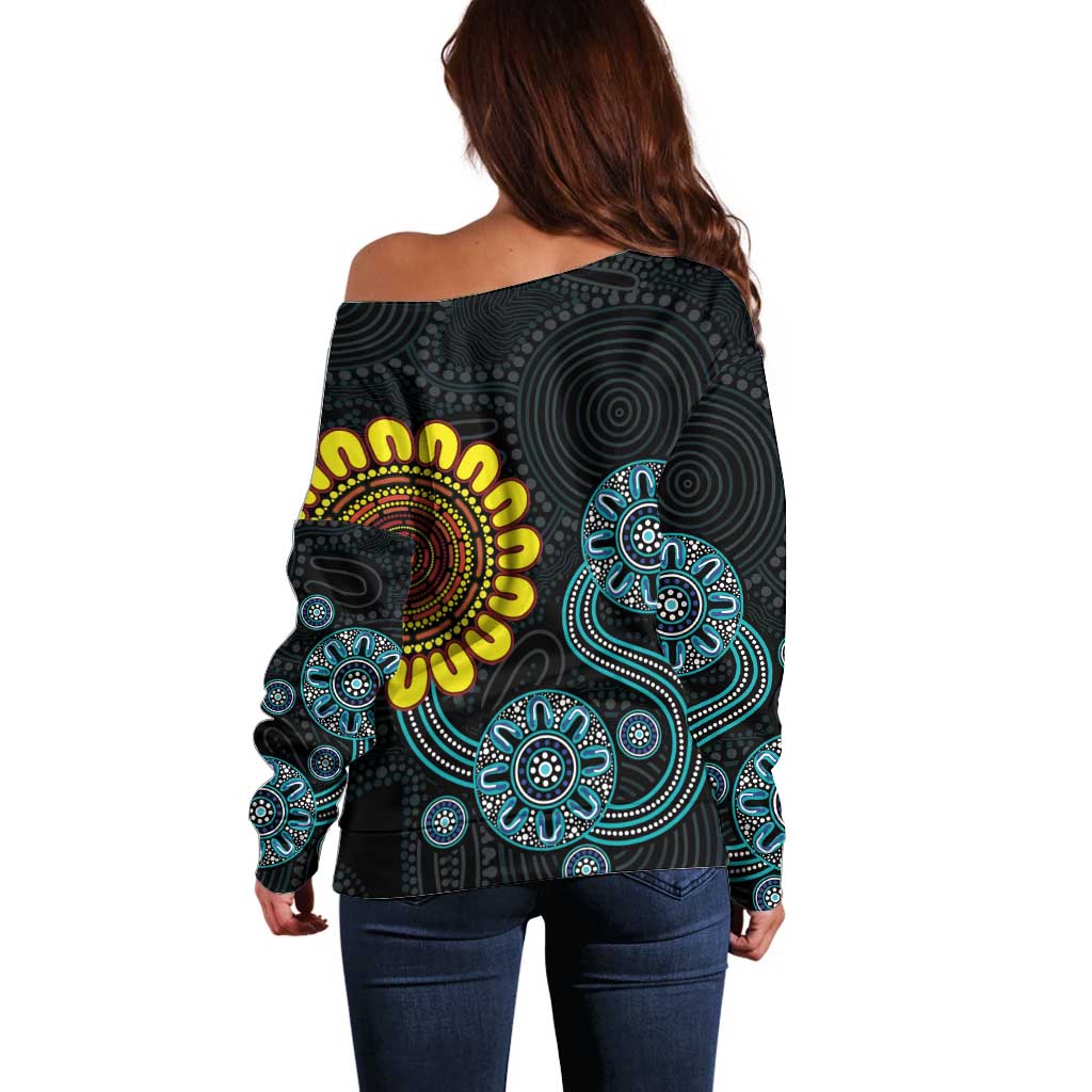 NAIDOC 50 Years of Deadly Off Shoulder Sweater Sun Aboriginal Dot Art