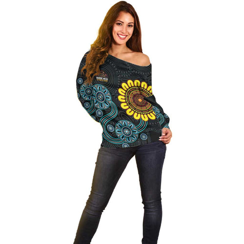 NAIDOC 50 Years of Deadly Off Shoulder Sweater Sun Aboriginal Dot Art