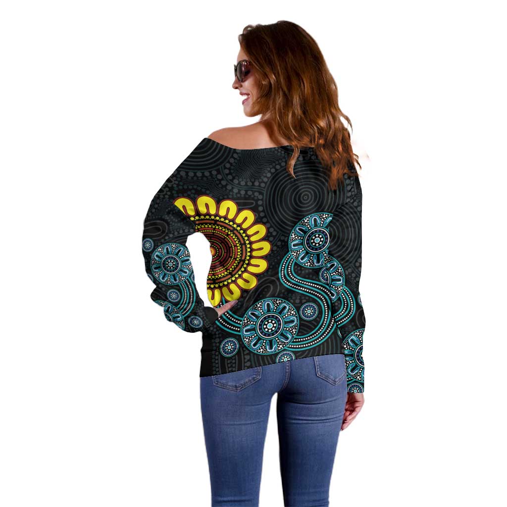 NAIDOC 50 Years of Deadly Off Shoulder Sweater Sun Aboriginal Dot Art