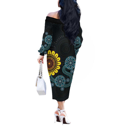 NAIDOC 50 Years of Deadly Off The Shoulder Long Sleeve Dress Sun Aboriginal Dot Art