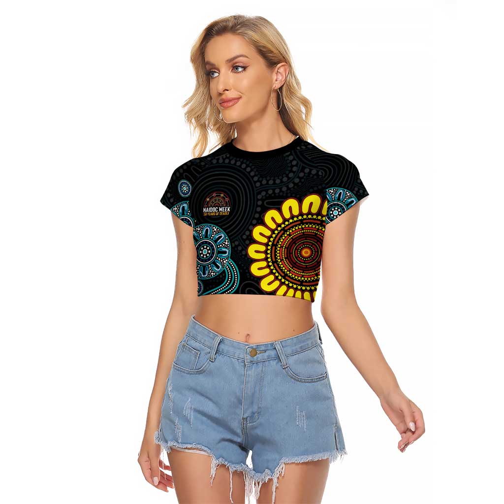 NAIDOC 50 Years of Deadly Raglan Cropped T Shirt Sun Aboriginal Dot Art