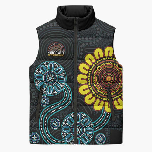 NAIDOC 50 Years of Deadly Sleeveless Puffer Jacket Sun Aboriginal Dot Art