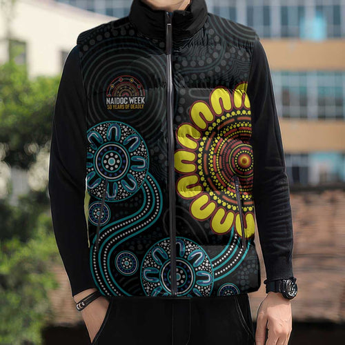 NAIDOC 50 Years of Deadly Sleeveless Puffer Jacket Sun Aboriginal Dot Art