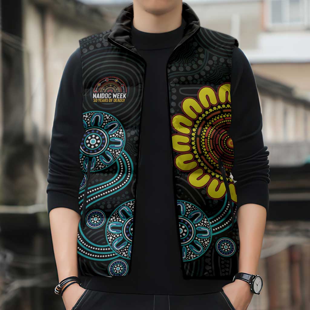 NAIDOC 50 Years of Deadly Sleeveless Puffer Jacket Sun Aboriginal Dot Art