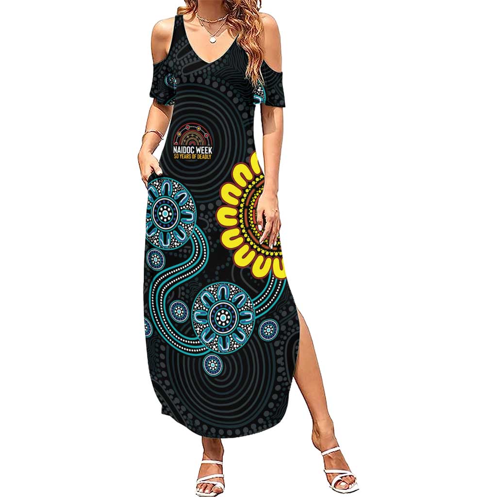 NAIDOC 50 Years of Deadly Summer Maxi Dress Sun Aboriginal Dot Art