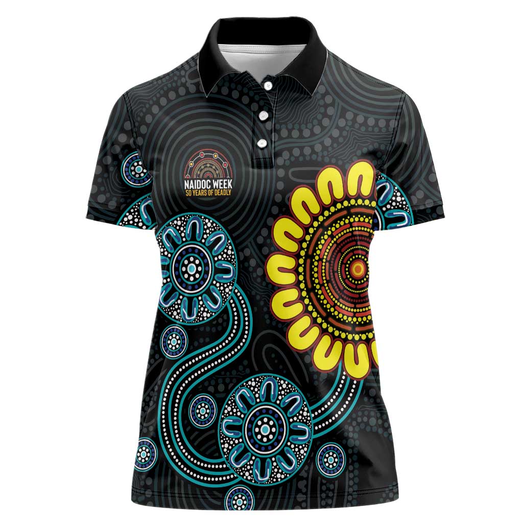 NAIDOC 50 Years of Deadly Women Polo Shirt Sun Aboriginal Dot Art