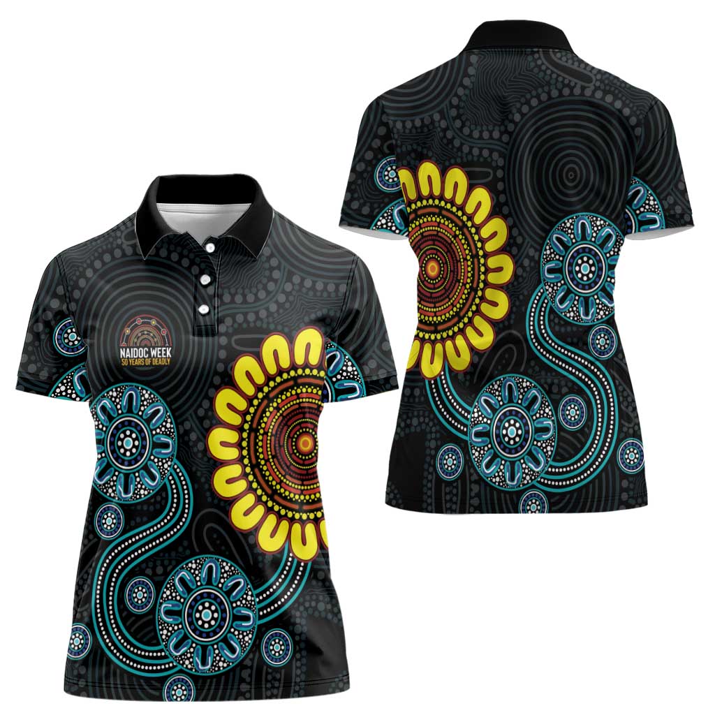 NAIDOC 50 Years of Deadly Women Polo Shirt Sun Aboriginal Dot Art