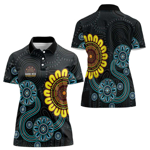 NAIDOC 50 Years of Deadly Women Polo Shirt Sun Aboriginal Dot Art