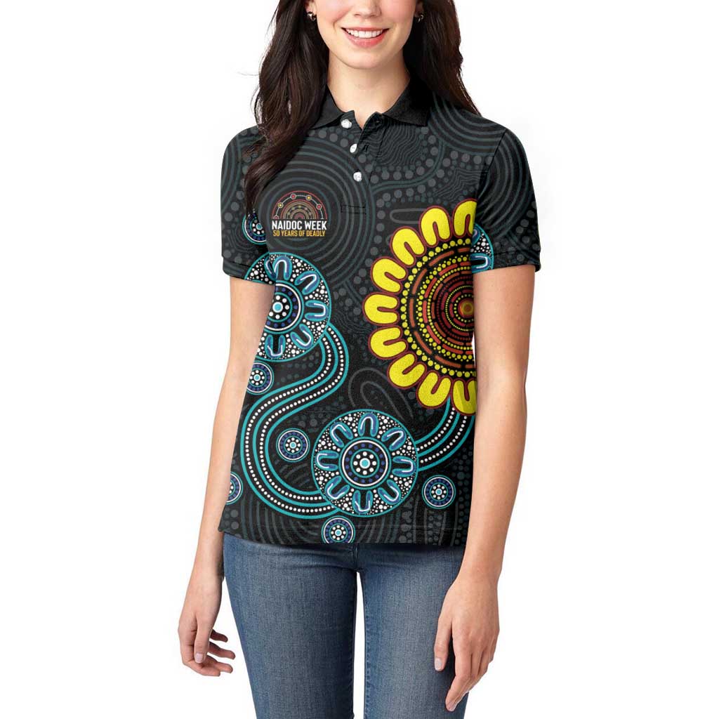 NAIDOC 50 Years of Deadly Women Polo Shirt Sun Aboriginal Dot Art
