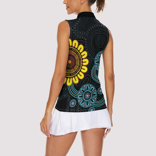 NAIDOC 50 Years of Deadly Women Sleeveless Polo Shirt Sun Aboriginal Dot Art