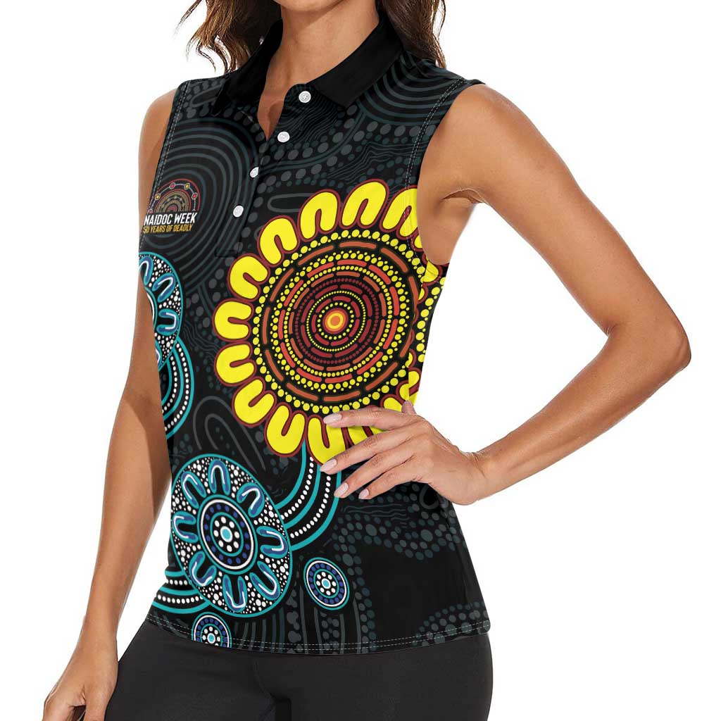 NAIDOC 50 Years of Deadly Women Sleeveless Polo Shirt Sun Aboriginal Dot Art
